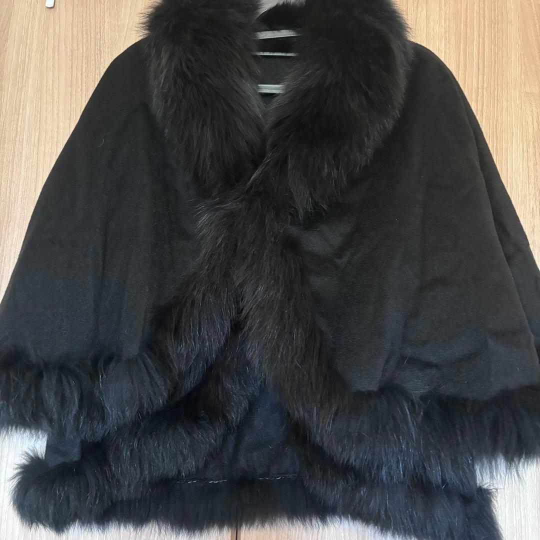 美品 カシミヤ100% フォックスファー ポンチョ ブラック