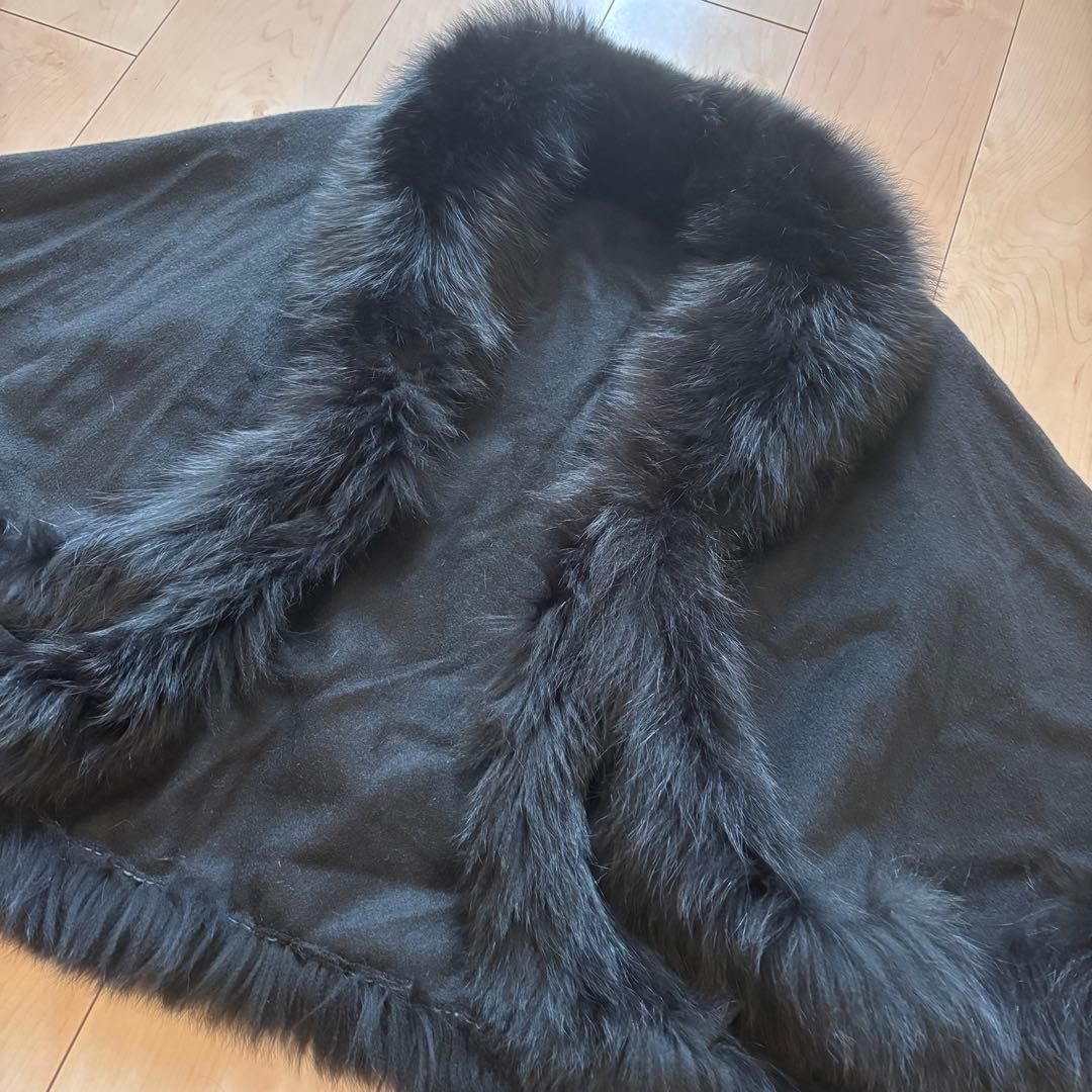 美品 カシミヤ100% フォックスファー ポンチョ ブラック