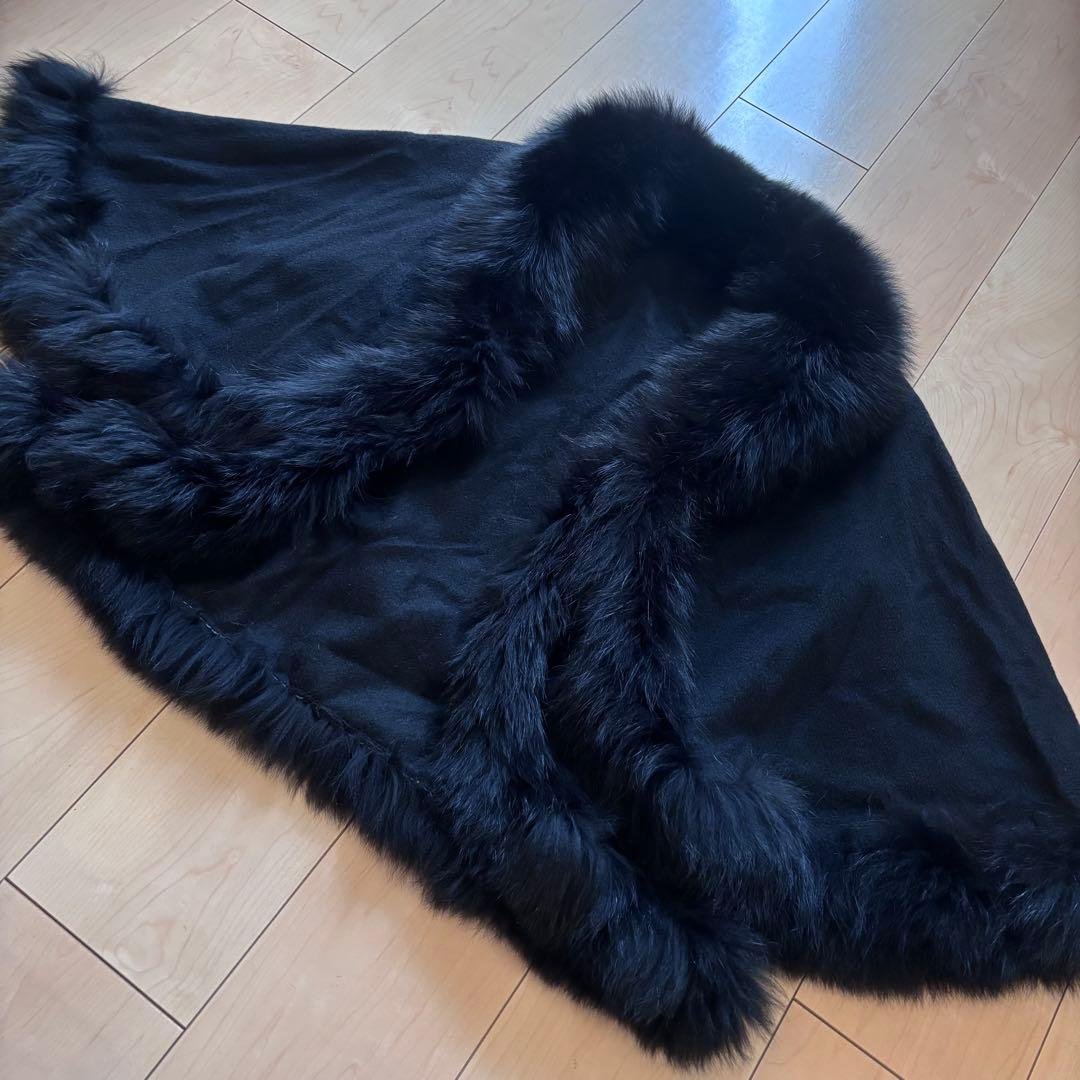 美品 カシミヤ100% フォックスファー ポンチョ ブラック