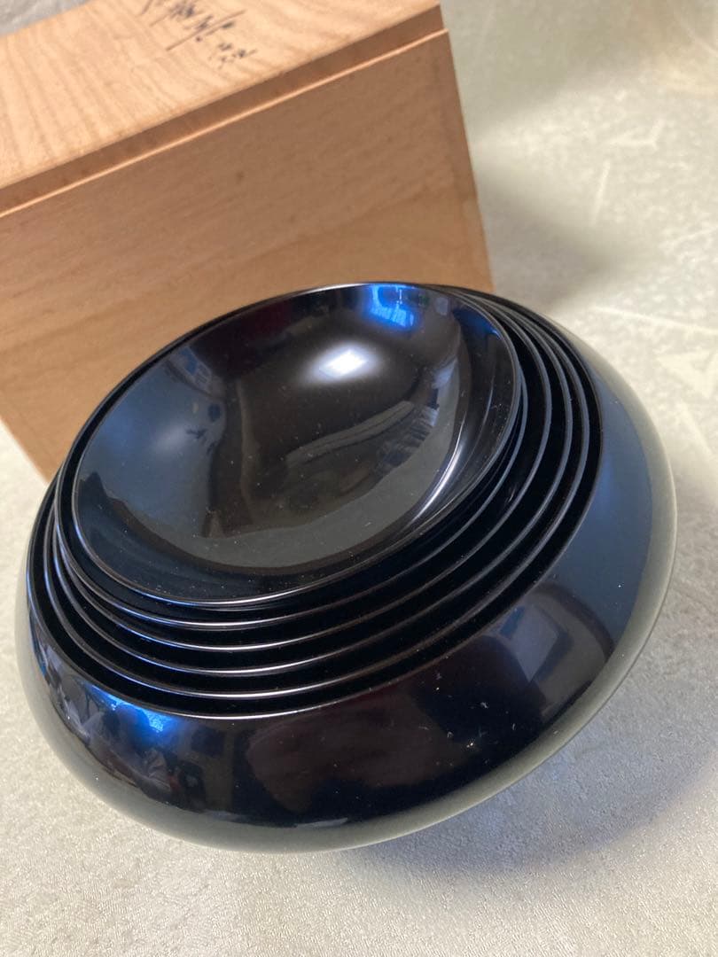 漆器　山田平安堂　器　仏器　黒漆器　入れ子腕　共箱付き　レトロ/a