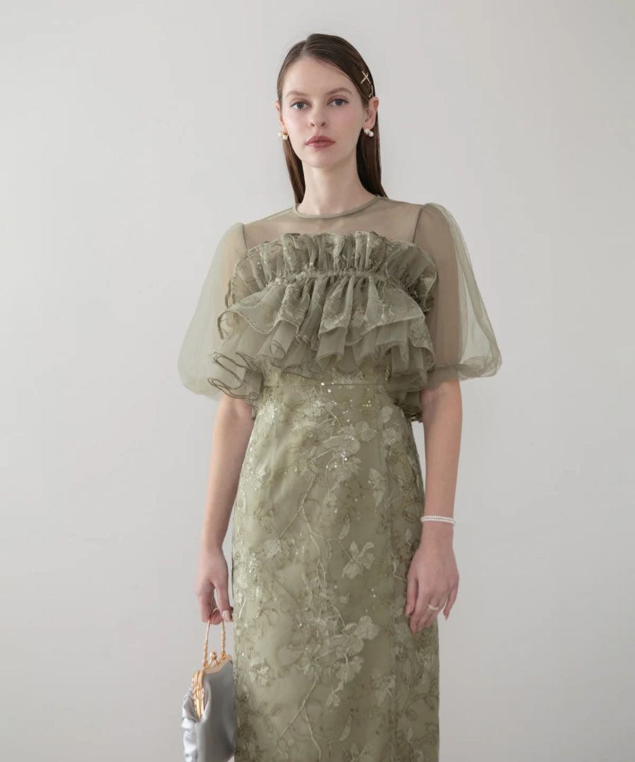 LEJA 3WAYチュールラッフルフラワースパンコールIラインワンピースドレス