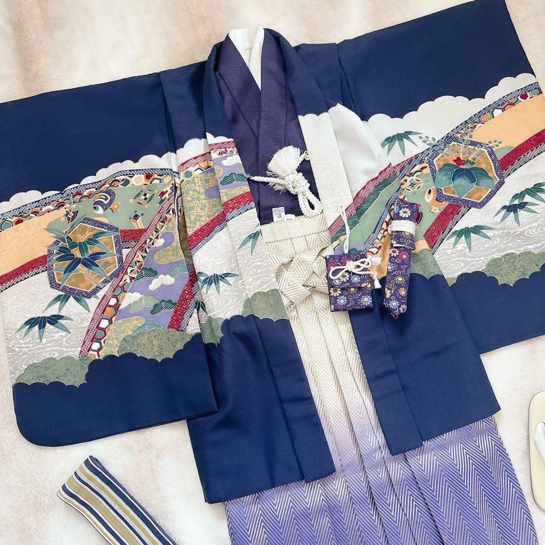 七五三　5歳　７歳　男児　男の子　羽織　袴セット　懐剣　角帯　着物　雪駄　紺