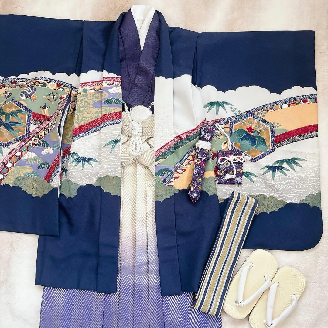 七五三　5歳　７歳　男児　男の子　羽織　袴セット　懐剣　角帯　着物　雪駄　紺