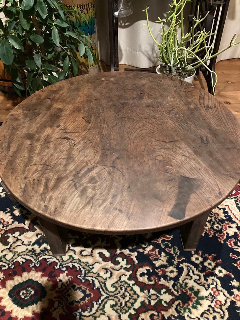 昭和レトロ　古い木製丸ローテーブル　丸ちゃぶ台21直径680