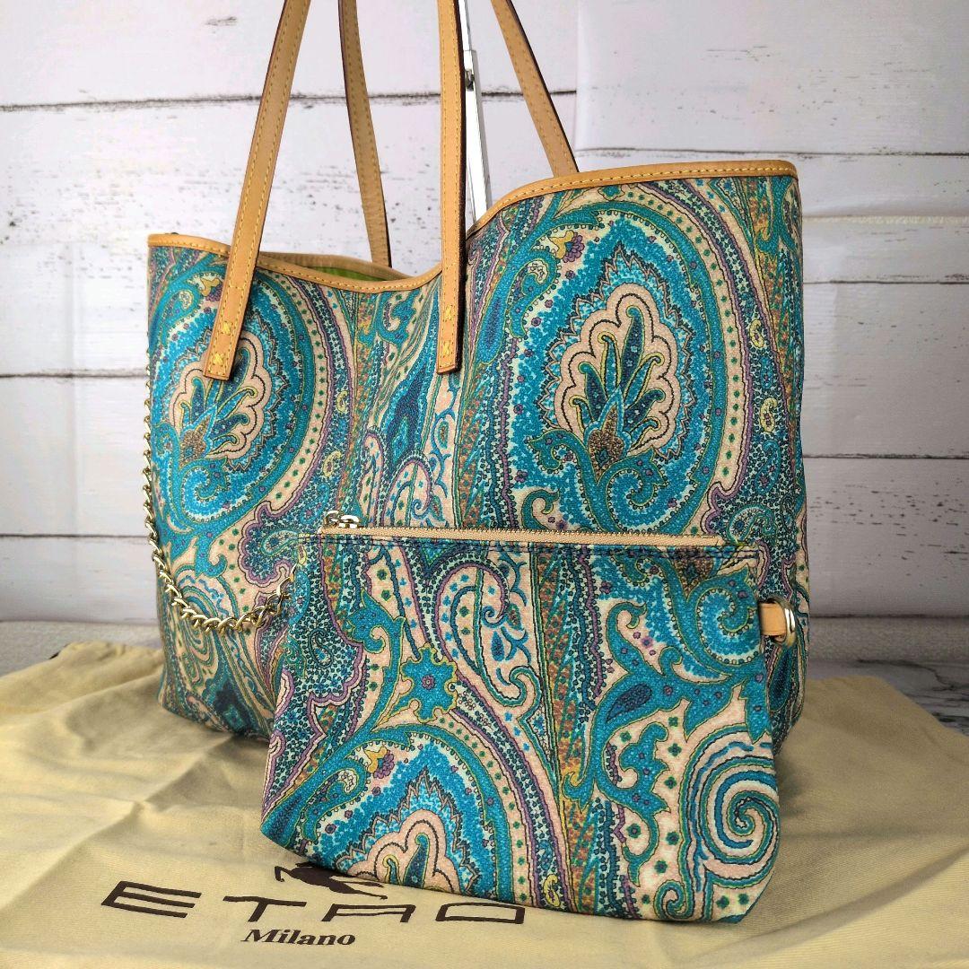 【極美品】エトロ☆ペイズリー　ポーチ付　ブルー系　エレガント　肩掛　トートバッグ