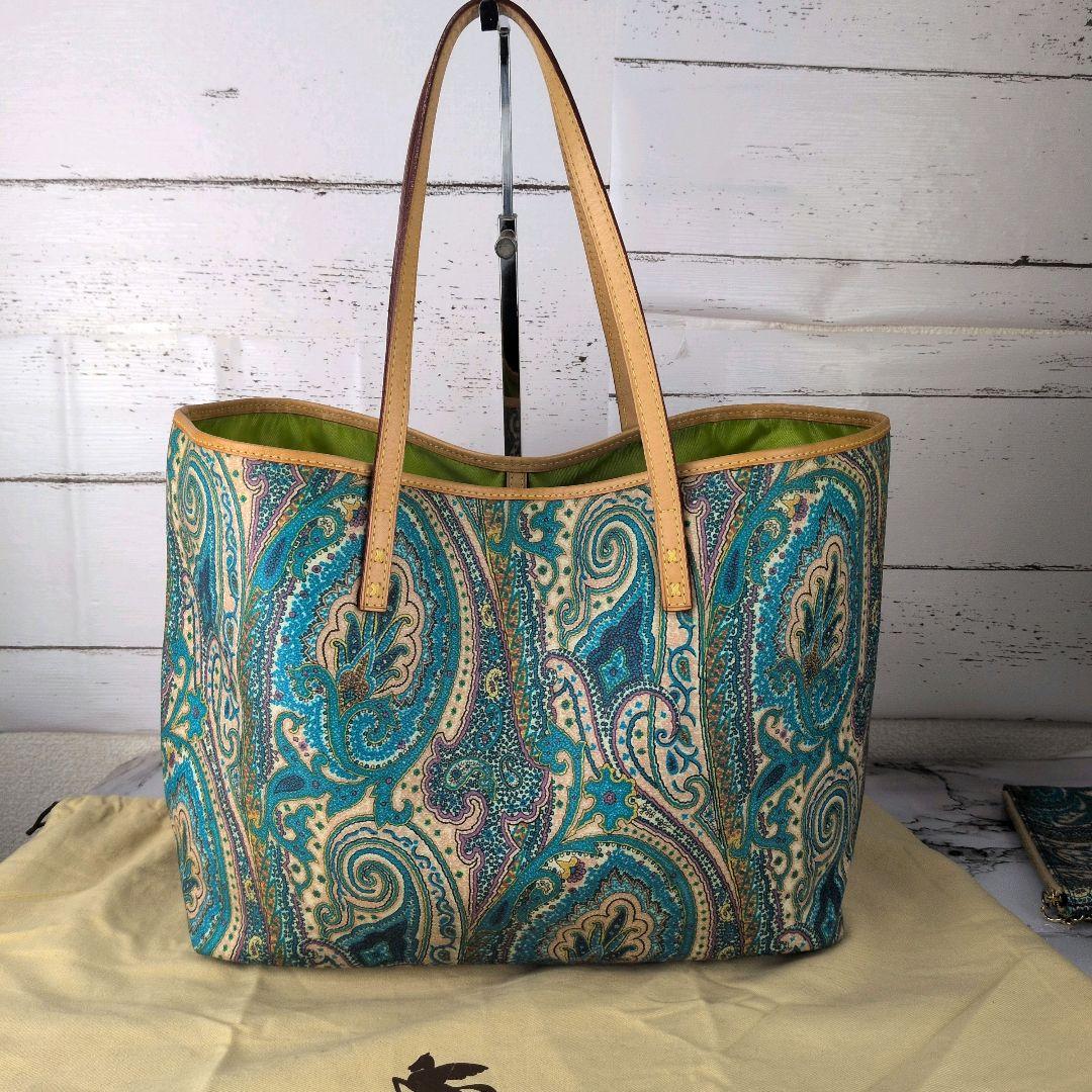 【極美品】エトロ☆ペイズリー　ポーチ付　ブルー系　エレガント　肩掛　トートバッグ