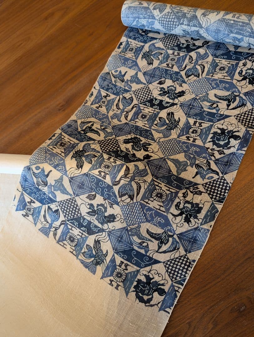 新品未使用　名古屋帯　帯反物　藍　古琉球更紗　生紬と記載　未仕立て