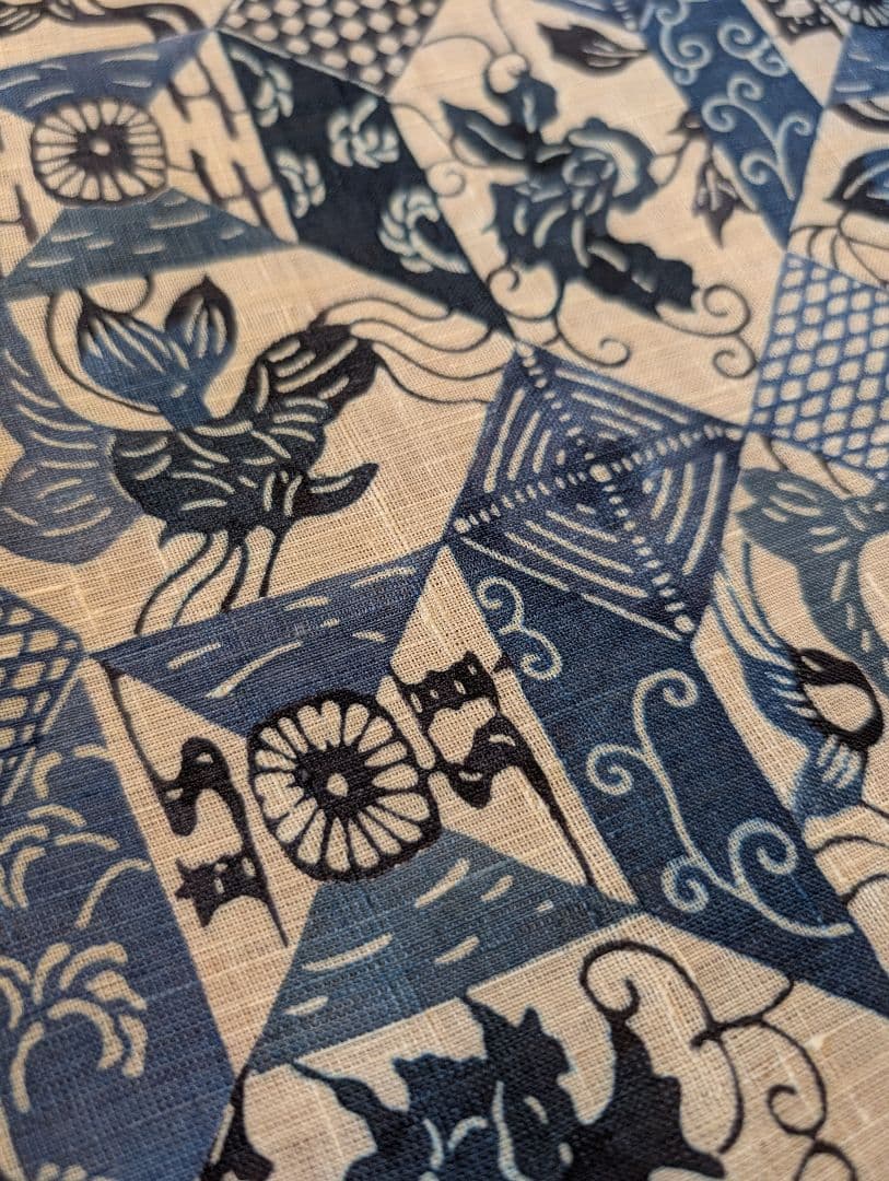 新品未使用　名古屋帯　帯反物　藍　古琉球更紗　生紬と記載　未仕立て