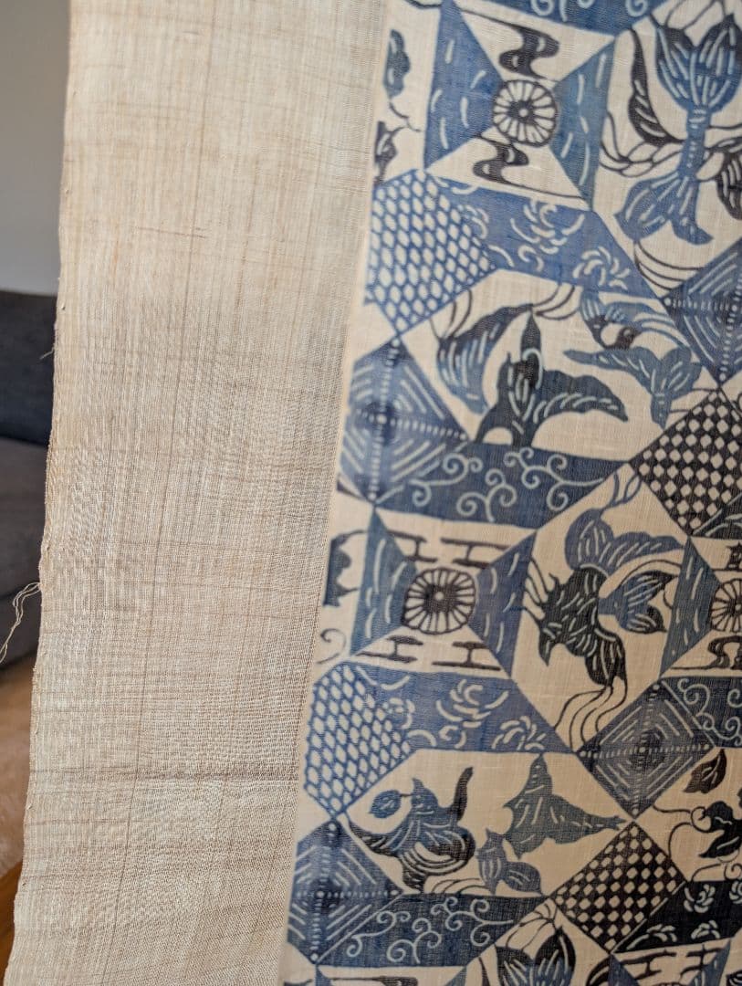 新品未使用　名古屋帯　帯反物　藍　古琉球更紗　生紬と記載　未仕立て