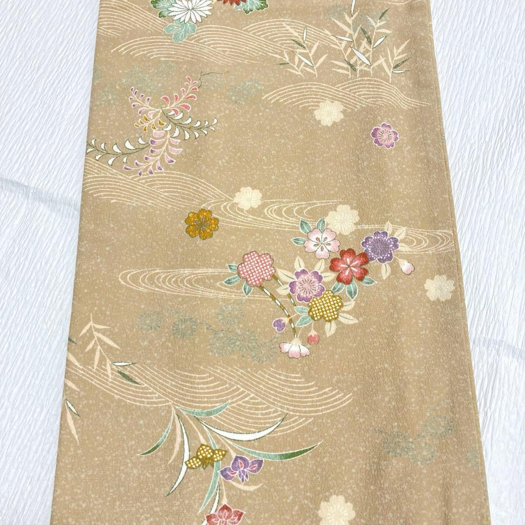 【美品✨】東レシルック　洗える着物　小紋　四季草花　くすみの黄　トールサイズK7