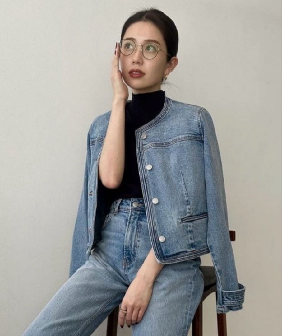 anuansノーカラーデニムジャケット