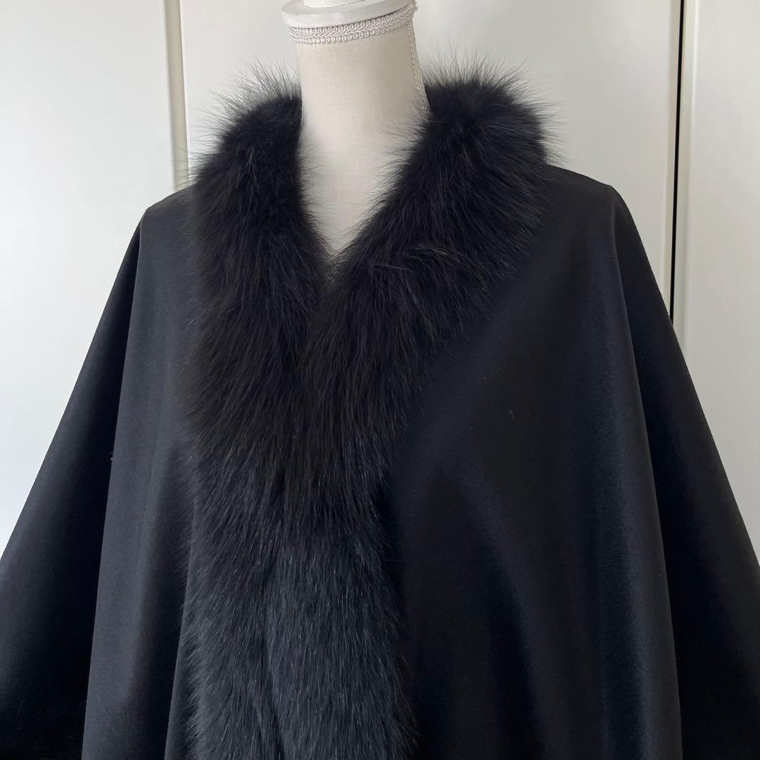 【美品】ブルーフォックス付き カシミヤ100%ケープ