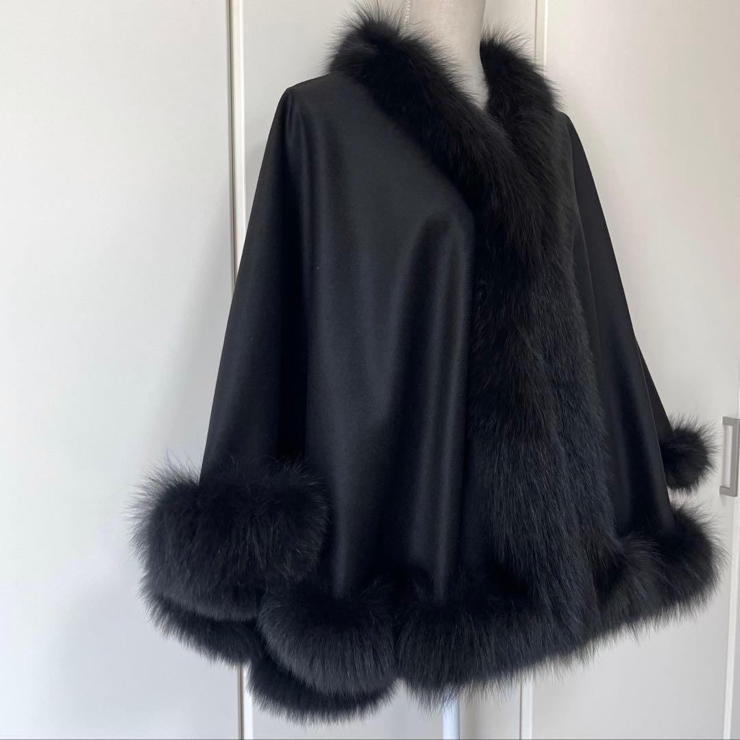【美品】ブルーフォックス付き カシミヤ100%ケープ
