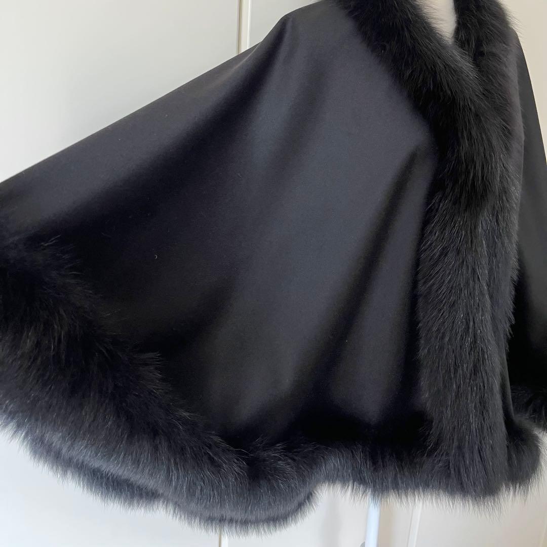 【美品】ブルーフォックス付き カシミヤ100%ケープ