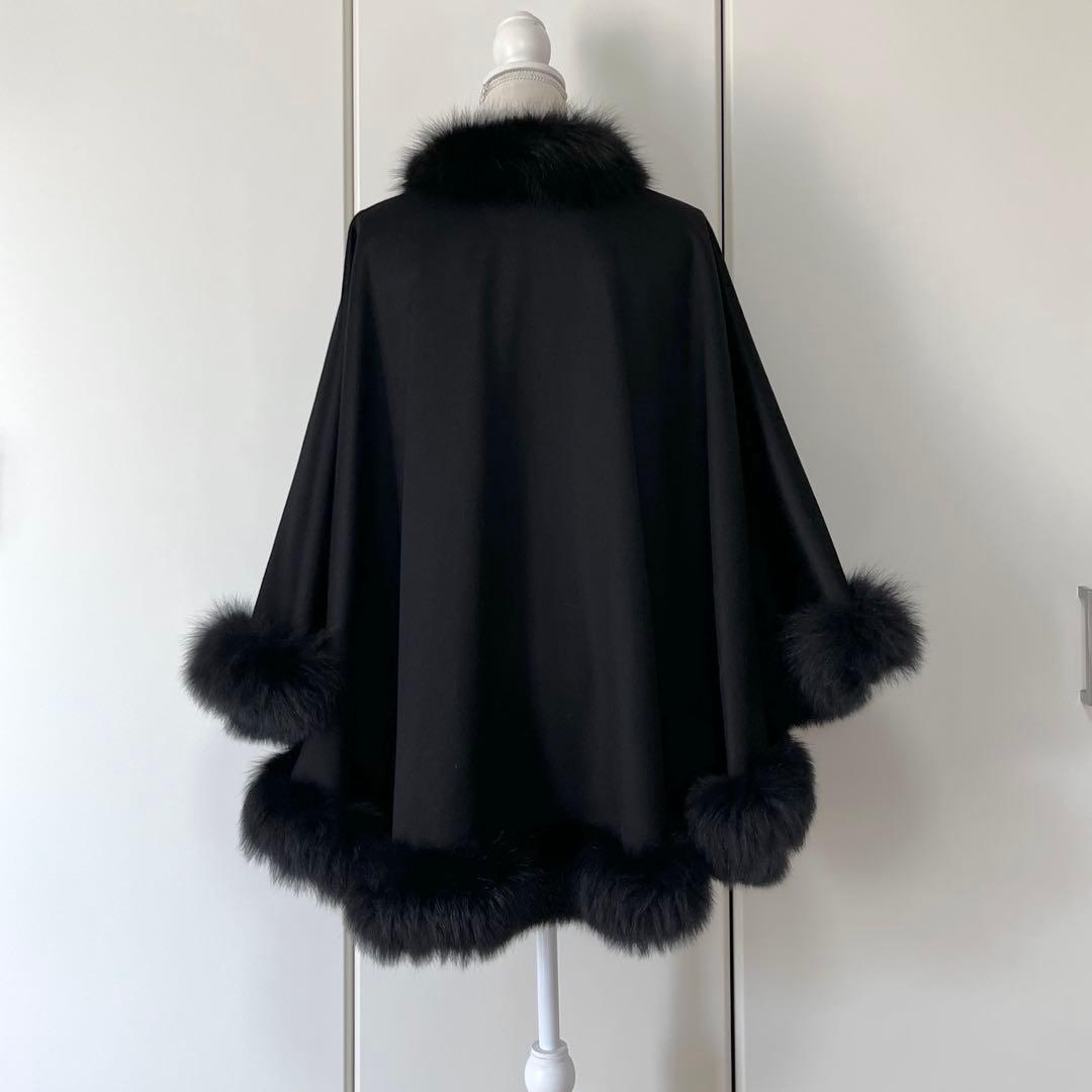 【美品】ブルーフォックス付き カシミヤ100%ケープ