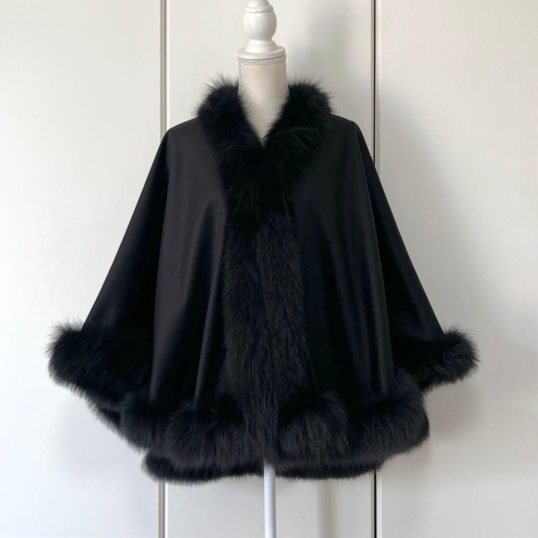 【美品】ブルーフォックス付き カシミヤ100%ケープ