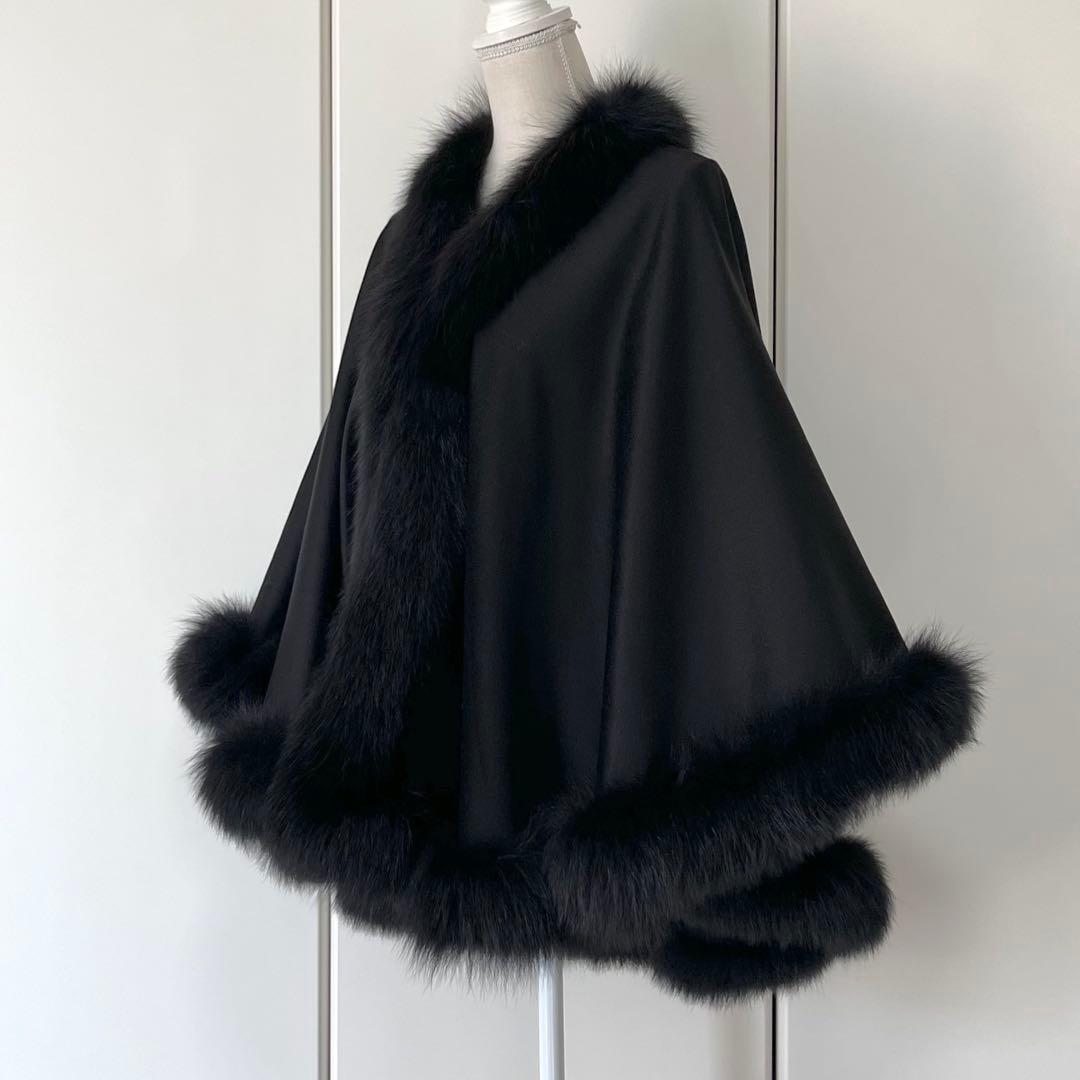 【美品】ブルーフォックス付き カシミヤ100%ケープ