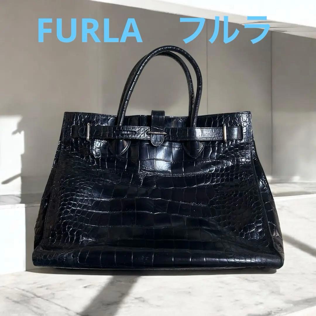 フルラ　トート　A4可　ビジネス　クロコ型押し　レザー　シルバー金具　ブラック