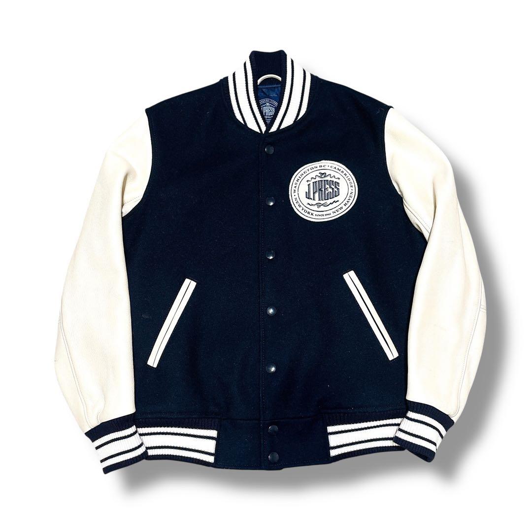 未使用級 J.PRESS スタジャン 本革 袖レザー ワッペン ネイビー L