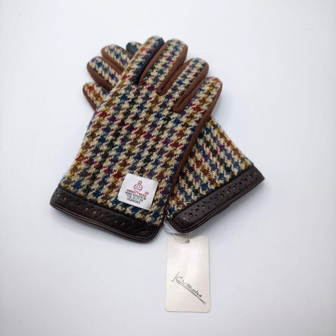 新品 クロダ ハリスツイード 本革手袋 ウール ブラウン 羊革 やぎ革 茶色