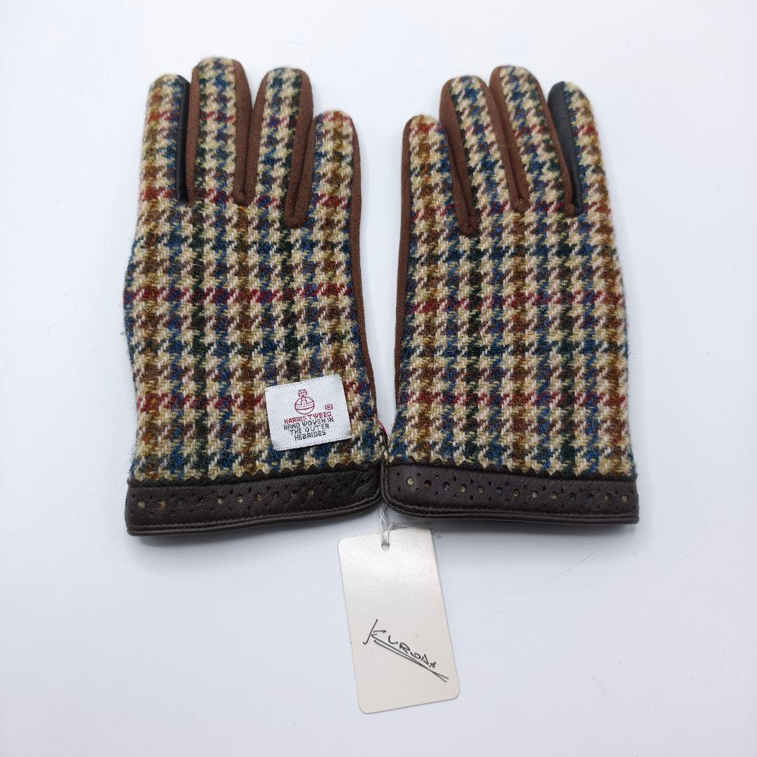 新品 クロダ ハリスツイード 本革手袋 ウール ブラウン 羊革 やぎ革 茶色