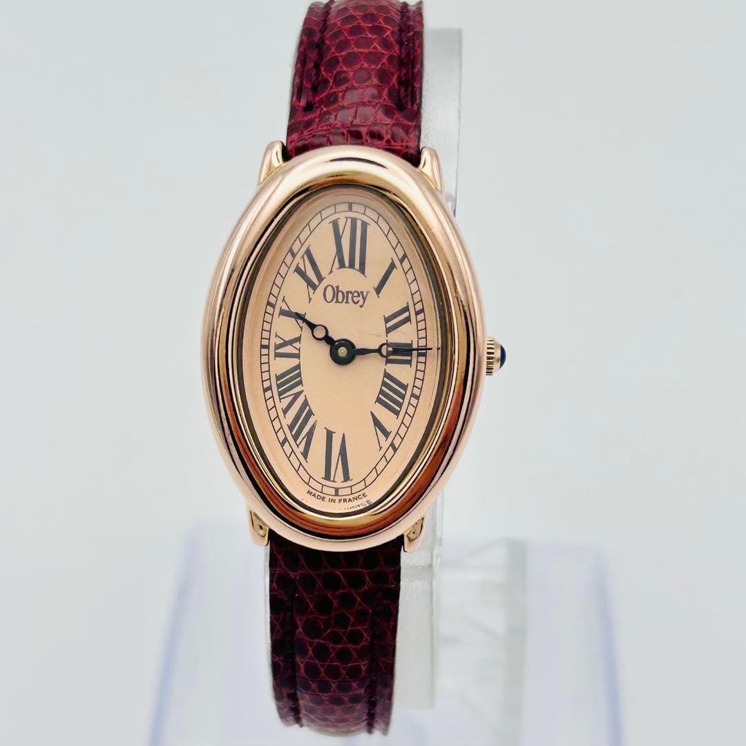 美品 希少 オブレイ ピンク文字盤 新品電池 ゴールド オーバル 腕時計