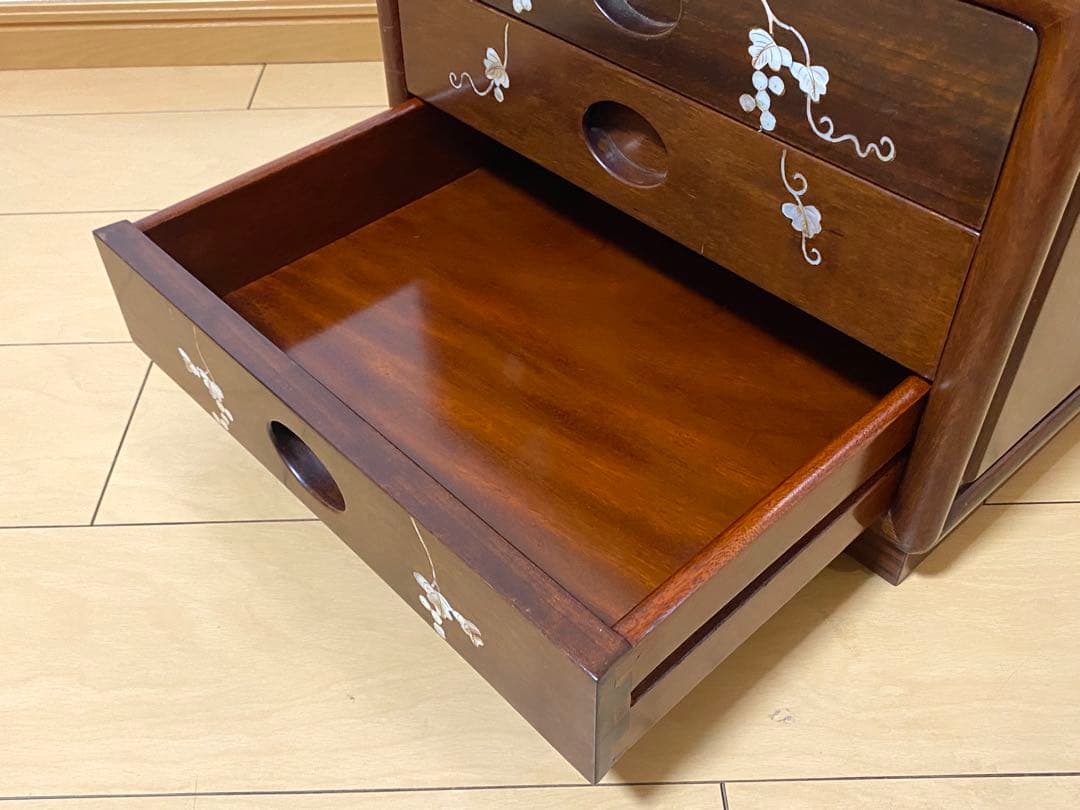 【希少品】天然木 唐木 本花梨 総無垢 螺鈿 卓上チェスト 薬箪笥 3段収納