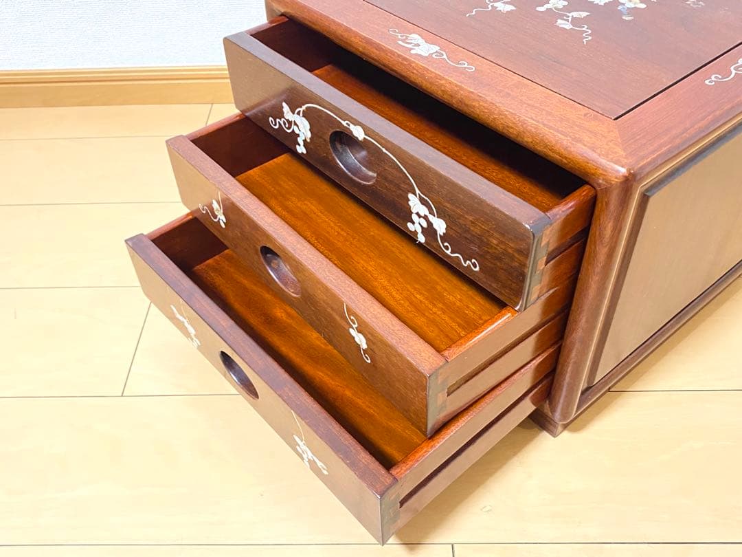 【希少品】天然木 唐木 本花梨 総無垢 螺鈿 卓上チェスト 薬箪笥 3段収納