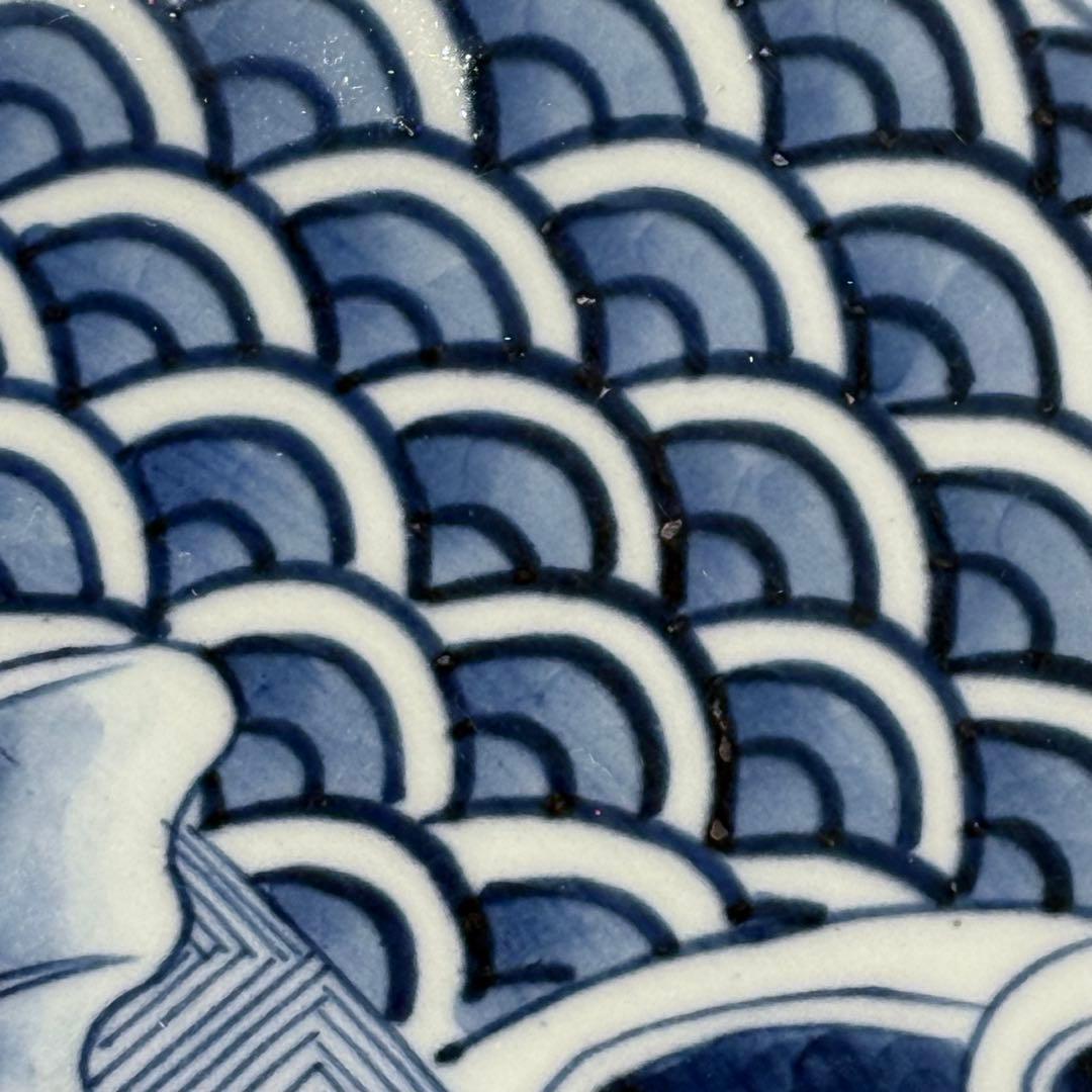 古伊万里　染付　鯉の滝登り図大皿　登竜門　42.2cm　変形字「乾」　江戸後期