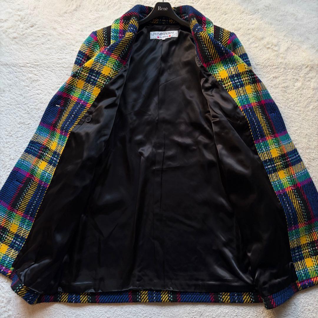 イヴサンローラン ウールコート ツイード タータンチェック マルチカラー 仏製