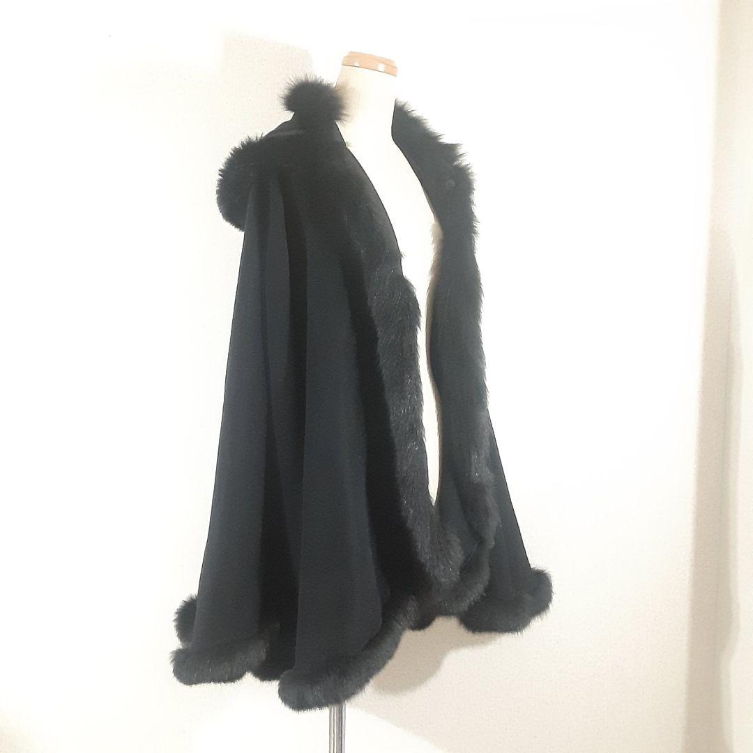 ロブアート　極美品　アンゴラ　リアルファー　フード付きケープコート　黒　日本製
