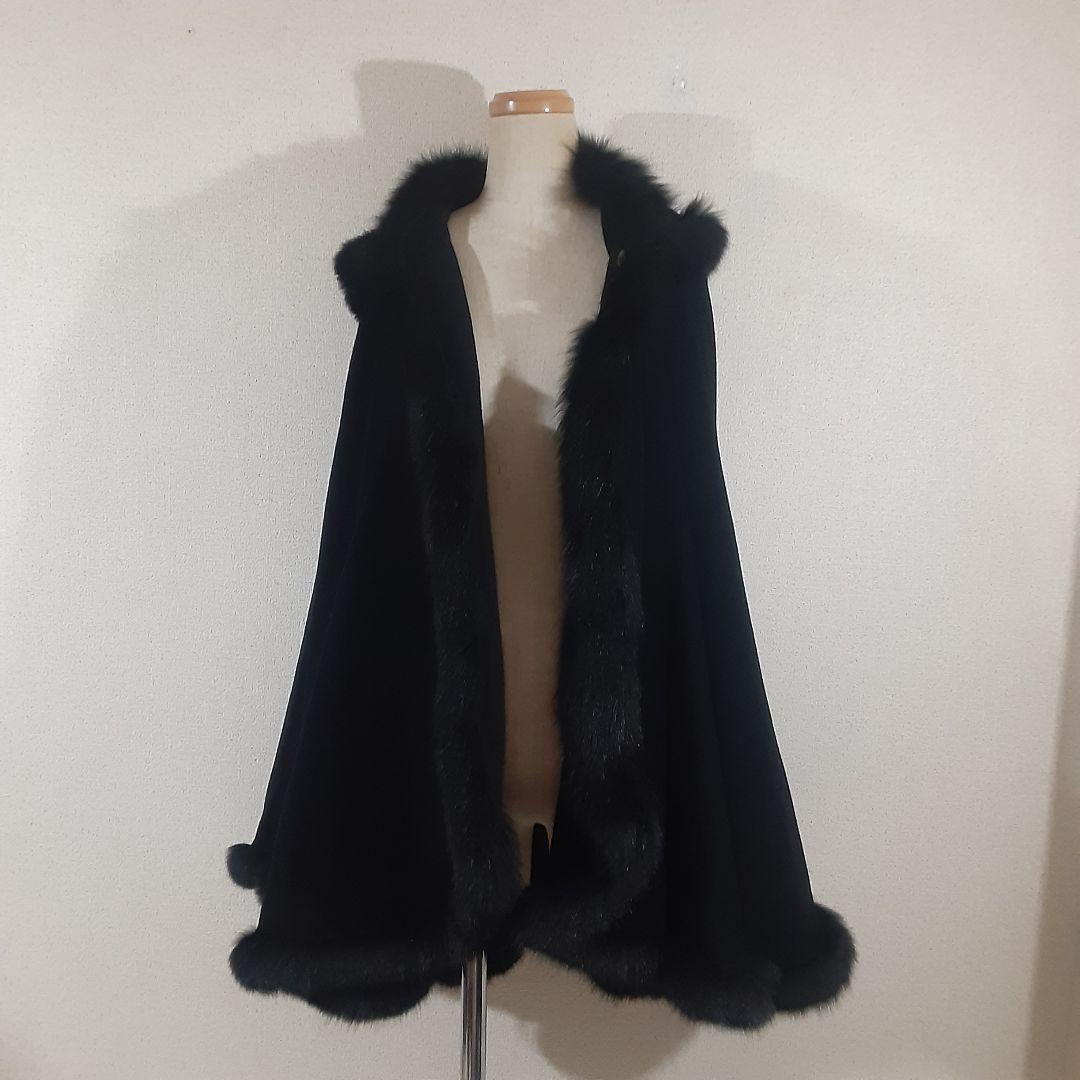 ロブアート　極美品　アンゴラ　リアルファー　フード付きケープコート　黒　日本製