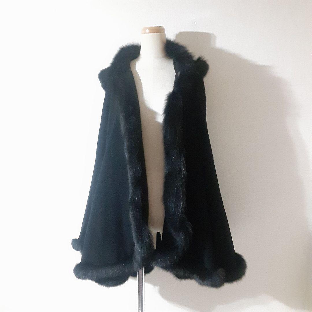 ロブアート　極美品　アンゴラ　リアルファー　フード付きケープコート　黒　日本製