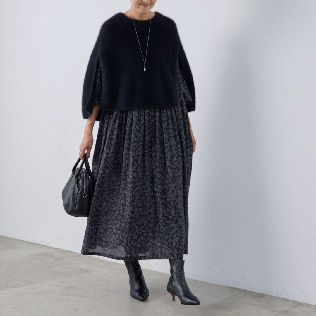 【新品タグ付】ビアズリー リーフプリントギャザーワンピース