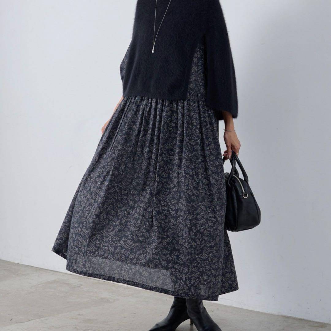 【新品タグ付】ビアズリー リーフプリントギャザーワンピース