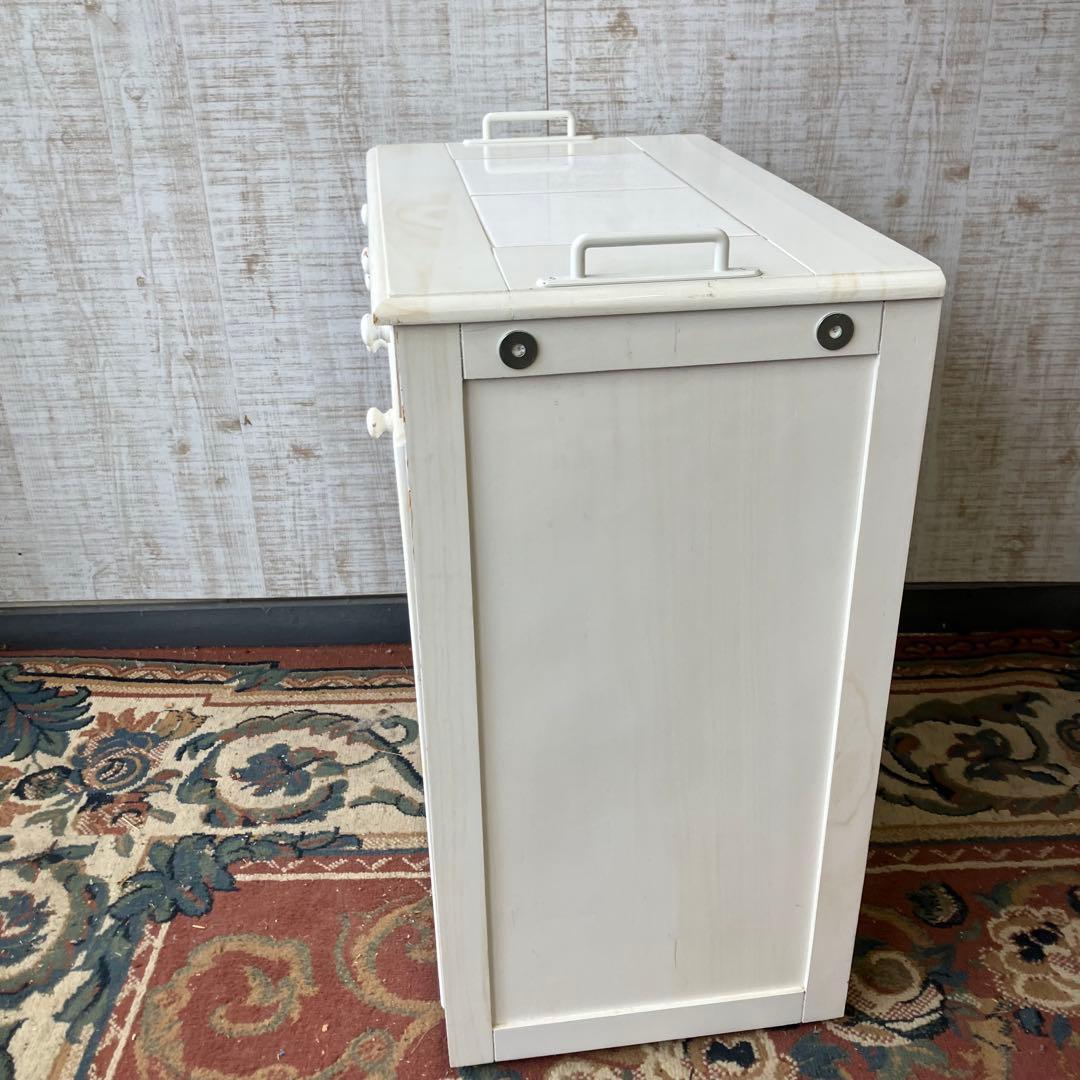 北欧レトロ 3分別 タイル張り 木製ダストボックス ゴミ箱 キッチンワゴン