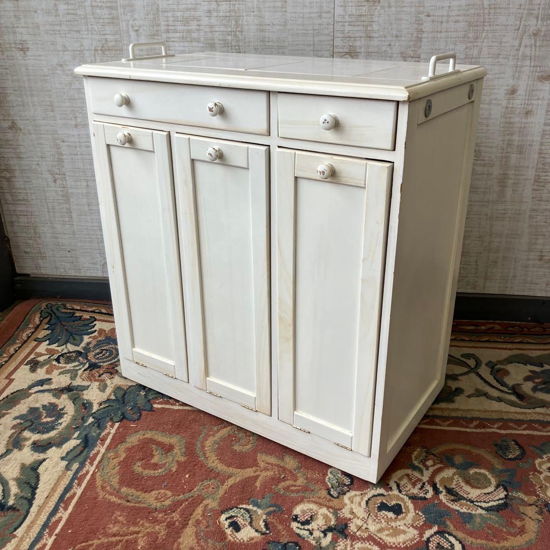 北欧レトロ 3分別 タイル張り 木製ダストボックス ゴミ箱 キッチンワゴン