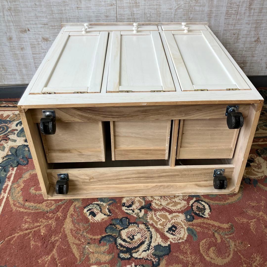 北欧レトロ 3分別 タイル張り 木製ダストボックス ゴミ箱 キッチンワゴン