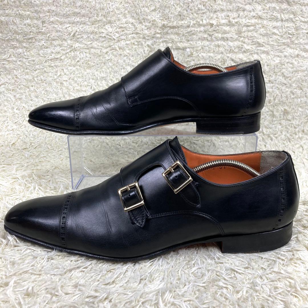 『美品』Santoni ダブルモンクストラップ ストレートチップ メダリオン　黒