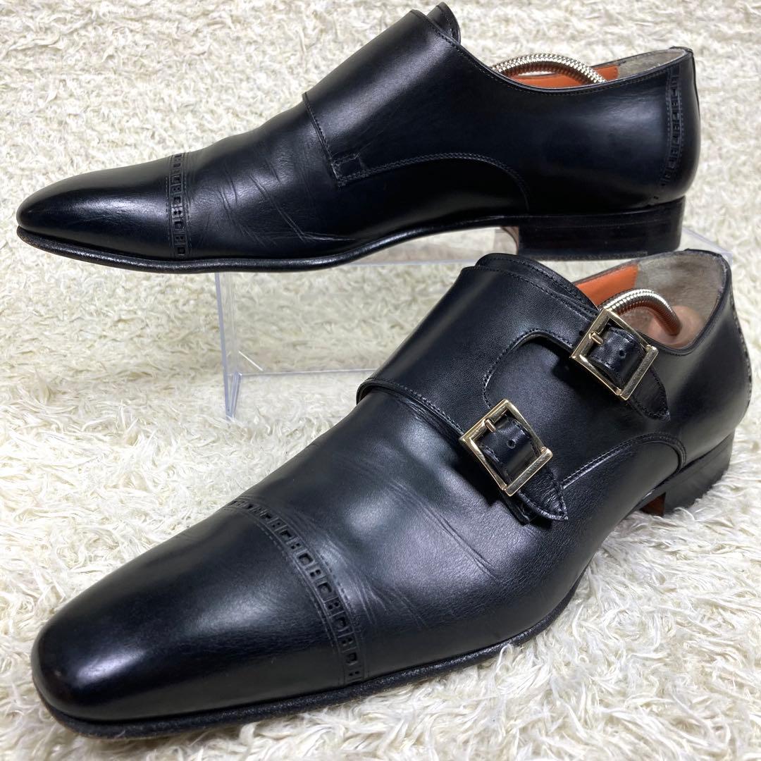 『美品』Santoni ダブルモンクストラップ ストレートチップ メダリオン　黒