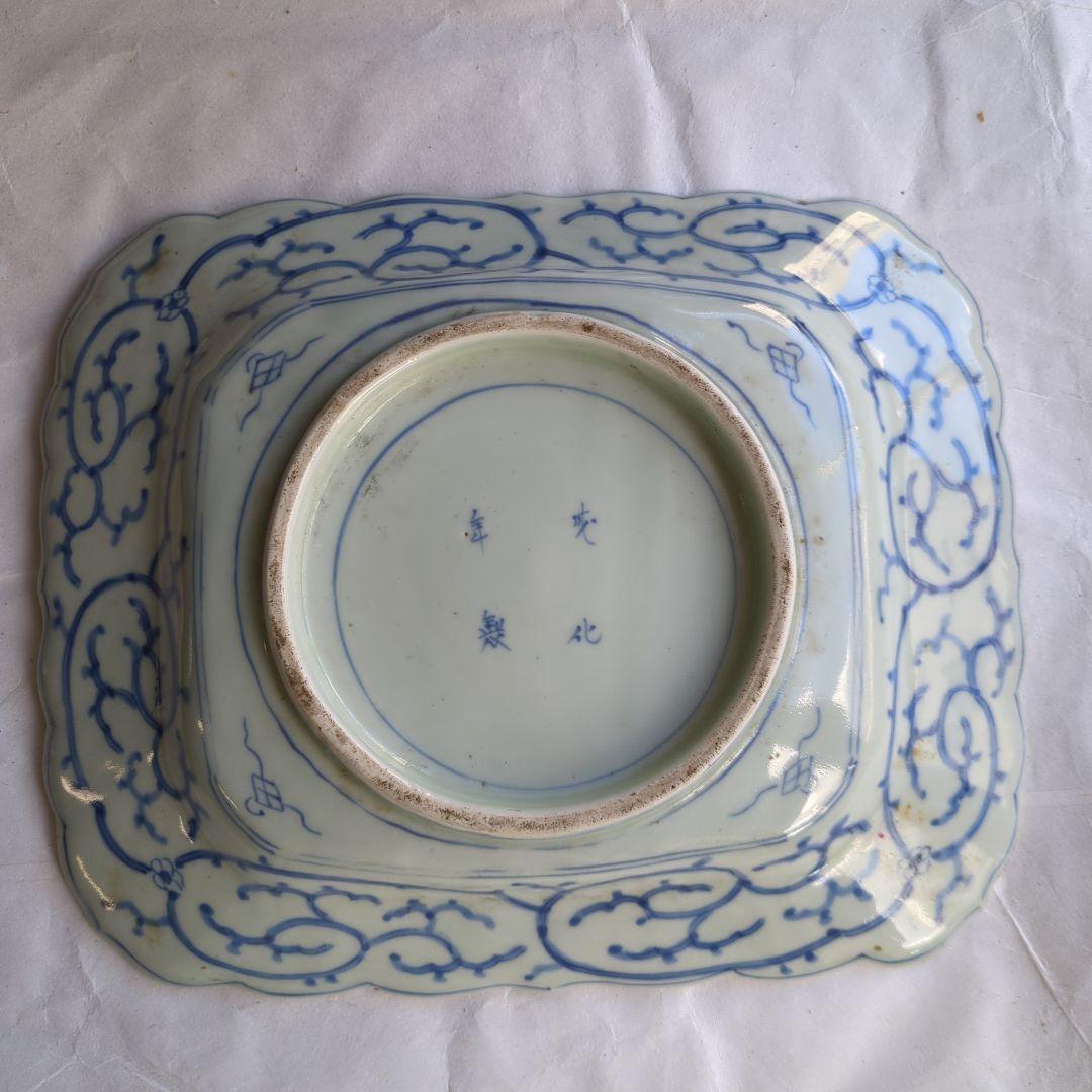 骨董 古伊万里 角皿 輪花 手描き 花鳥図 平鉢 大皿 陶器 飾り皿
