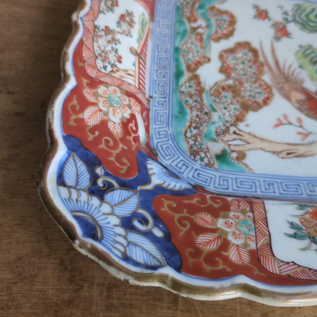 骨董 古伊万里 角皿 輪花 手描き 花鳥図 平鉢 大皿 陶器 飾り皿