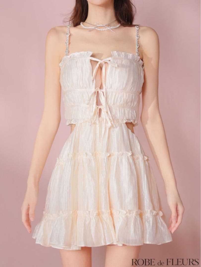 ROBE de FLEURS シャーリングサテンウエストスリットフレアミニ　XS