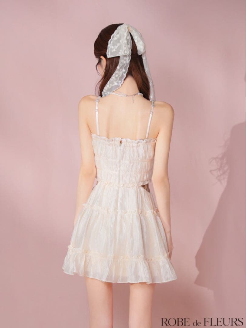 ROBE de FLEURS シャーリングサテンウエストスリットフレアミニ　XS