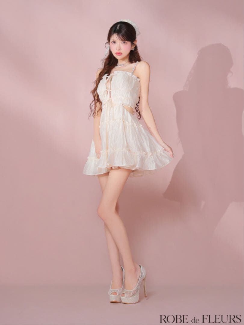 ROBE de FLEURS シャーリングサテンウエストスリットフレアミニ　XS