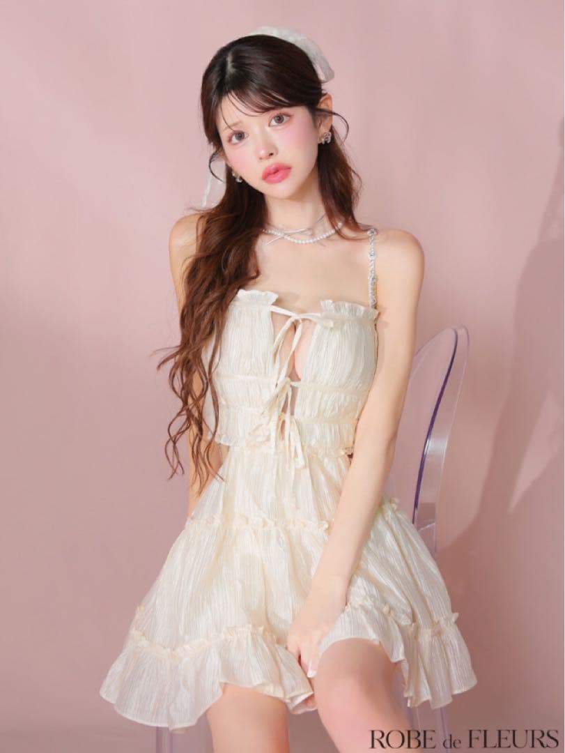 ROBE de FLEURS シャーリングサテンウエストスリットフレアミニ　XS