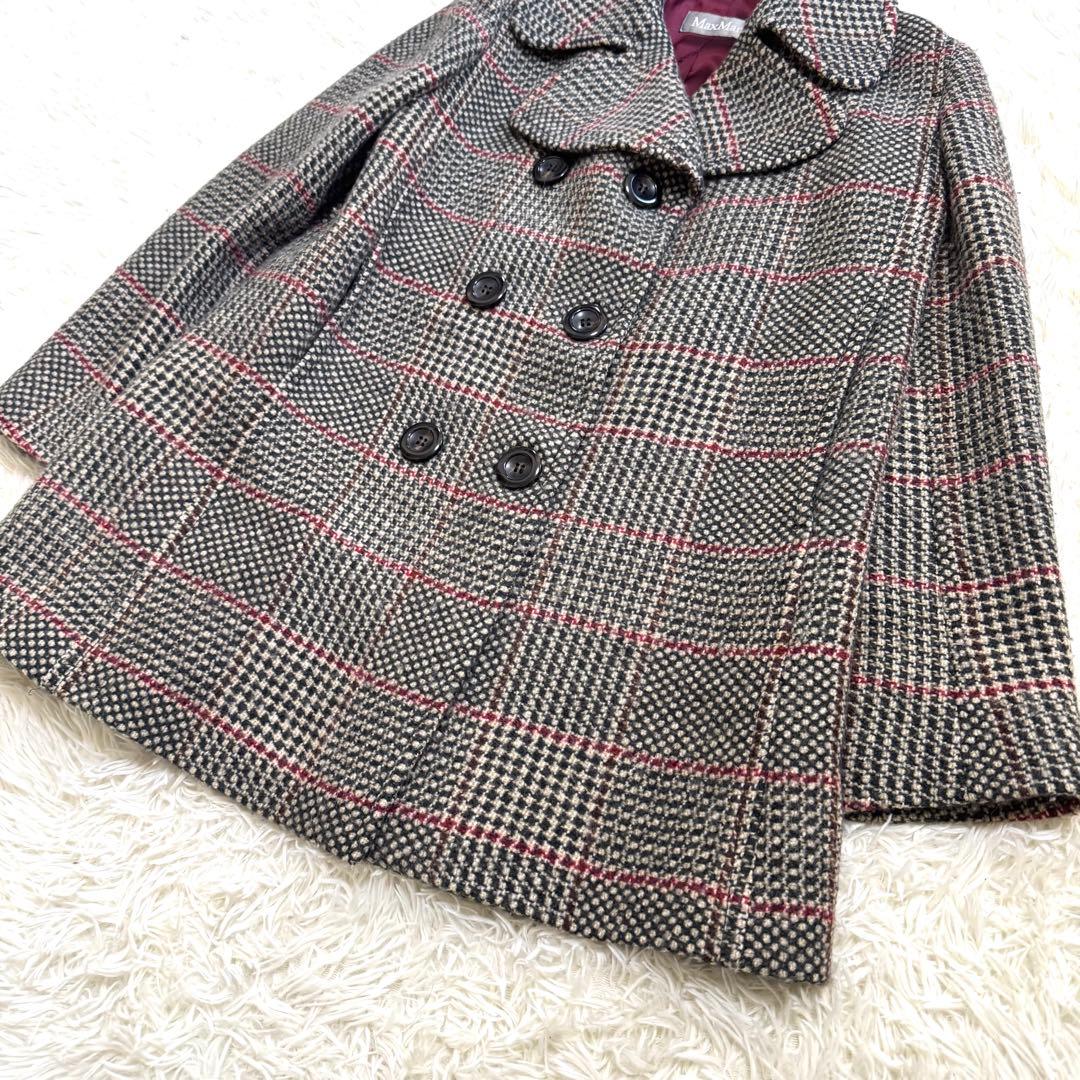 【美品】マックスマーラ ウールコート ビッグカラー ダブル 銀タグ 　ツイード