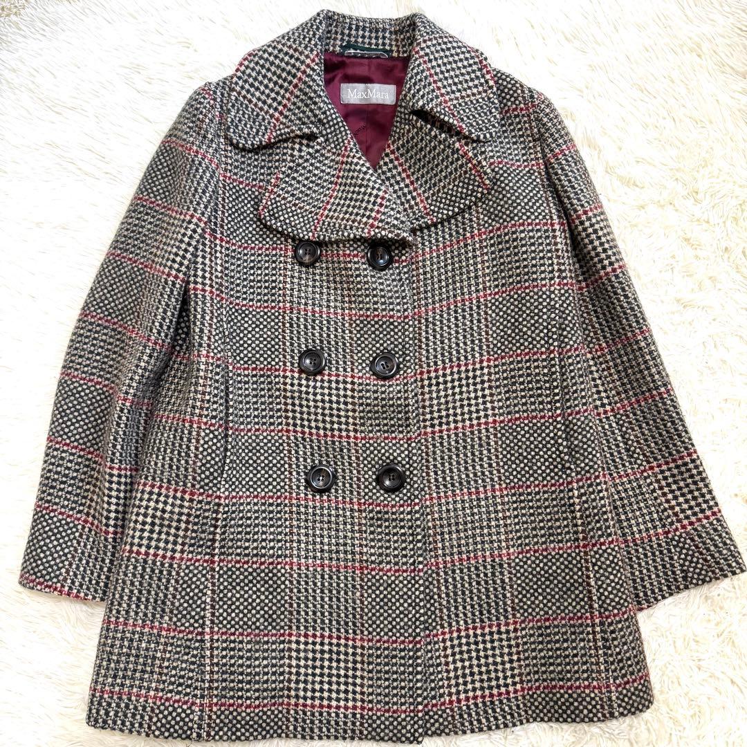 【美品】マックスマーラ ウールコート ビッグカラー ダブル 銀タグ 　ツイード