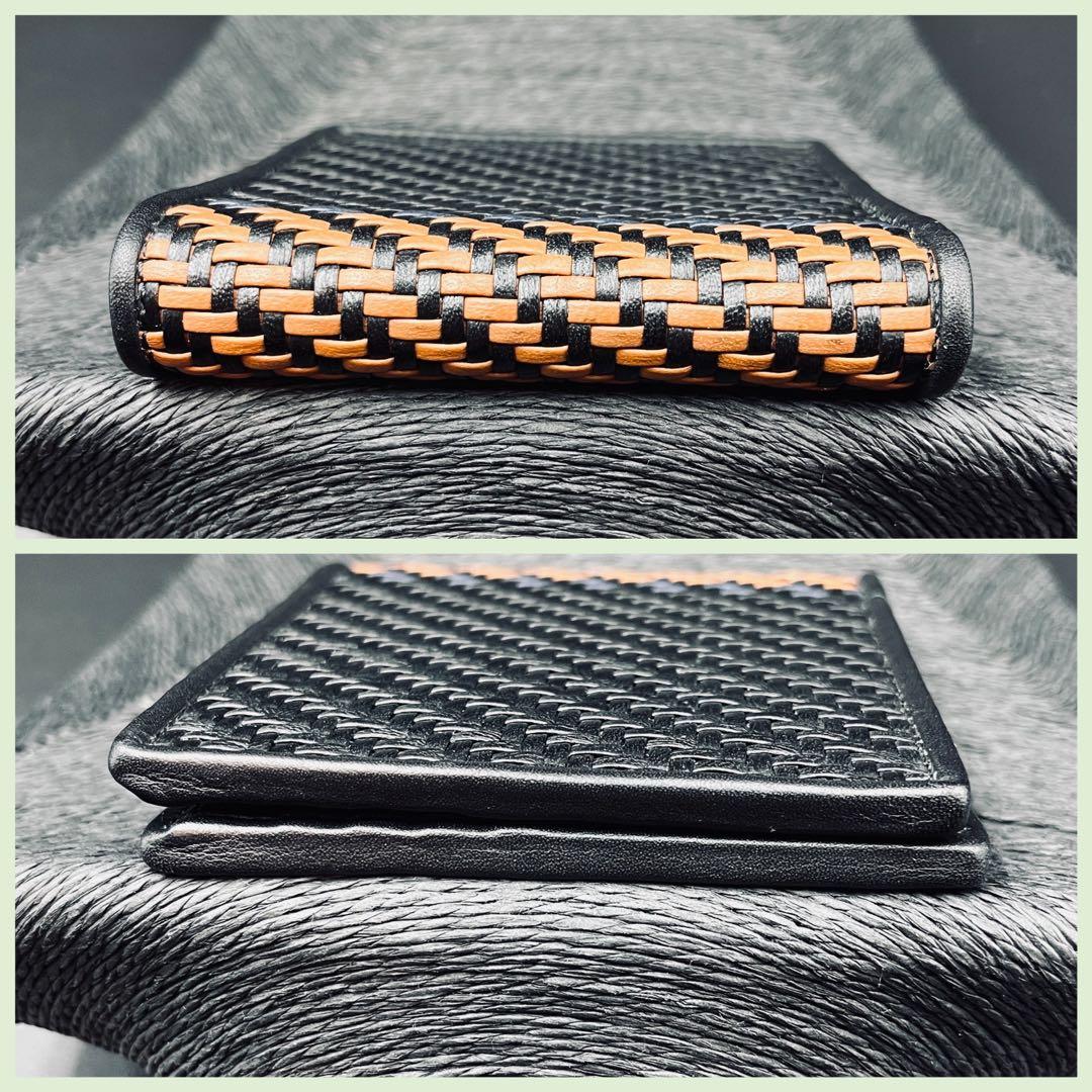 エルメネジルド・ゼニア 二つ折り財布 編み込み ブラック バイカラー カード