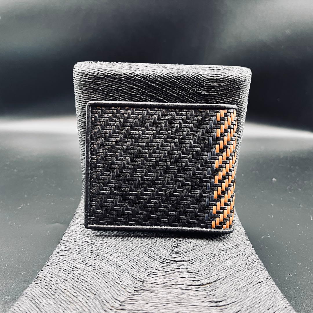 エルメネジルド・ゼニア 二つ折り財布 編み込み ブラック バイカラー カード